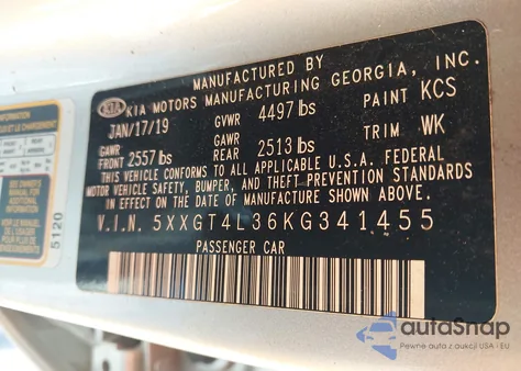 2019 Kia Optima Lx из США, поврежденный, VIN 5XXGT4L36KG341455